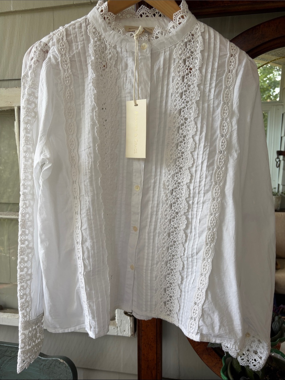 Women's White Lace-Trim Button-Down Shirt
